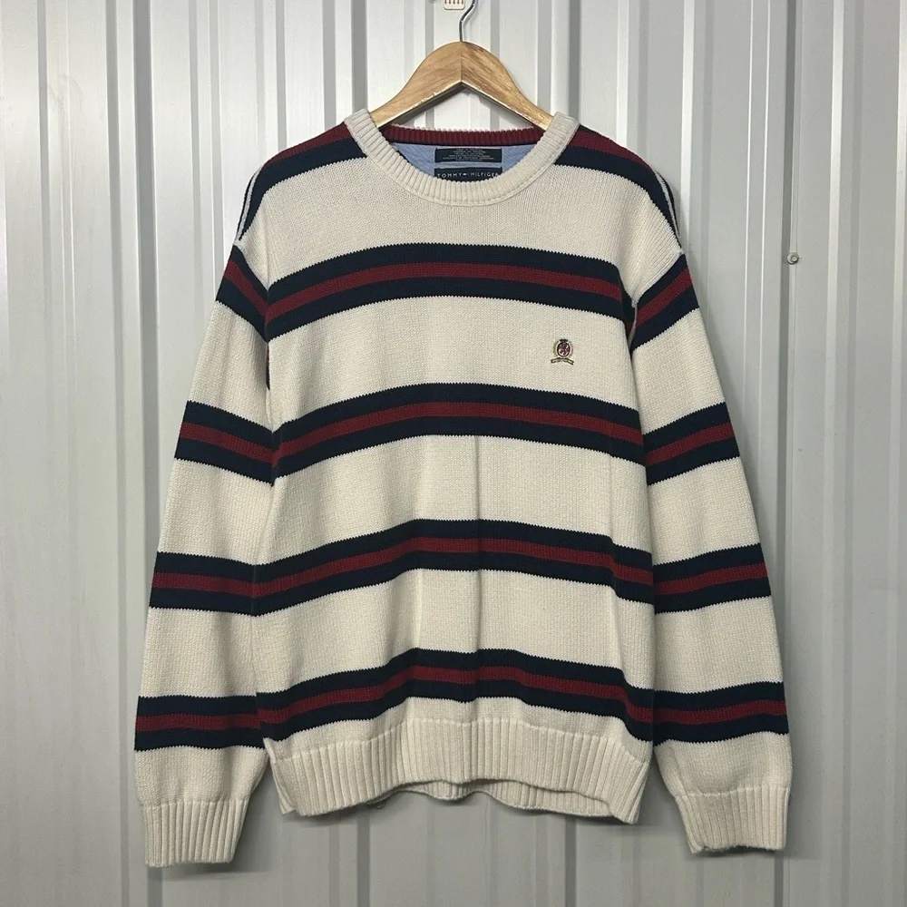 Vintage Men’s XL Tommy Hilfiger Cream Navy Red Stripe Sweater Casual Preppy
